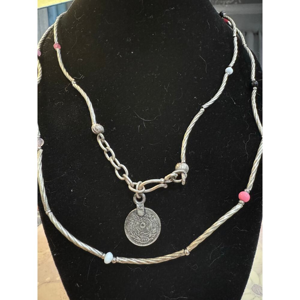 Silver tone with Turkish coin and colored stone/glass necklace